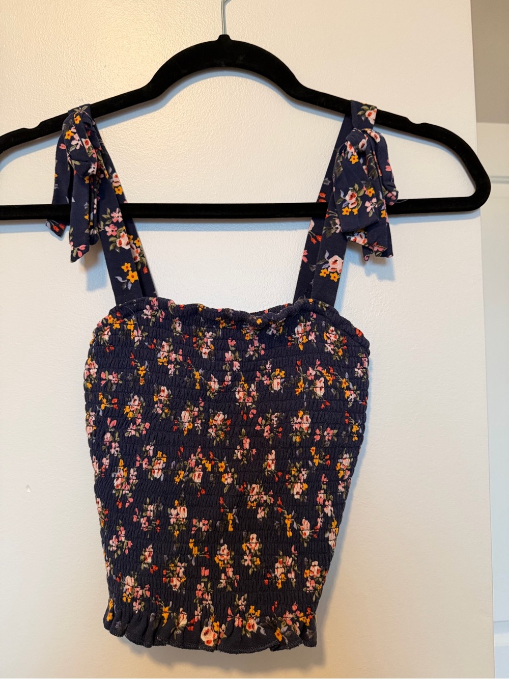 Aeropostale Navy Floral Smocked Crop Top with Tie Straps